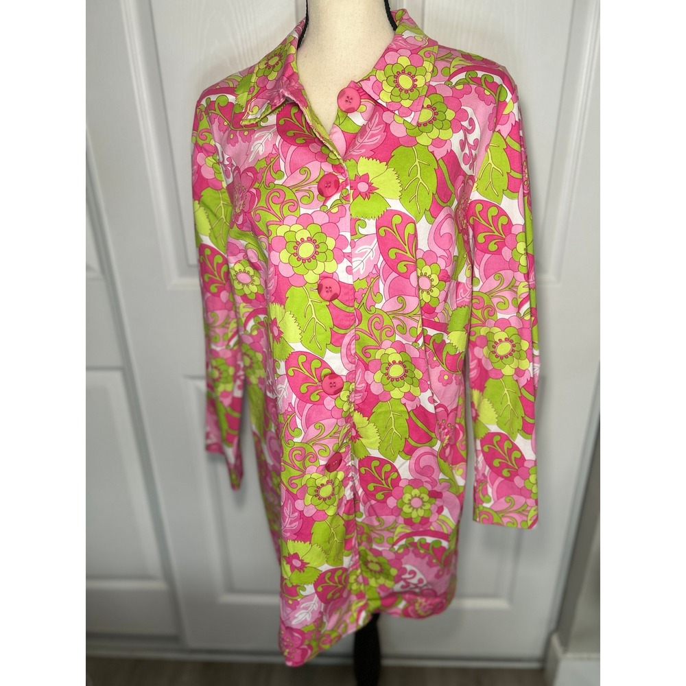Tara Jones Floral Jacket 1X Pink Green Retro Mod‎ Longline Button Front Festival